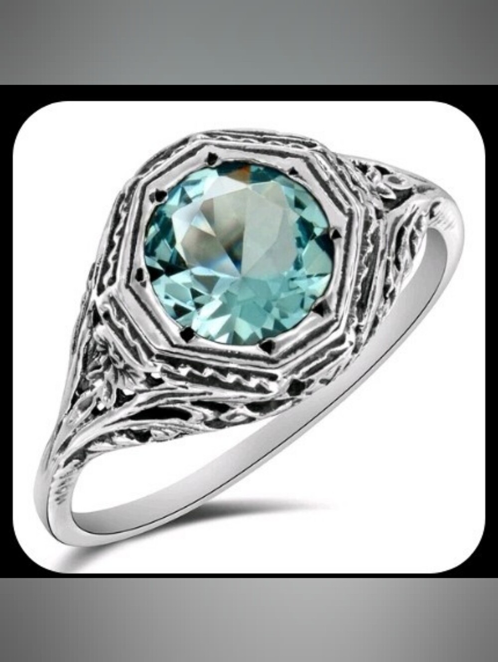 Sterling Silver Filigree Aquamarine Ring Size 6.5